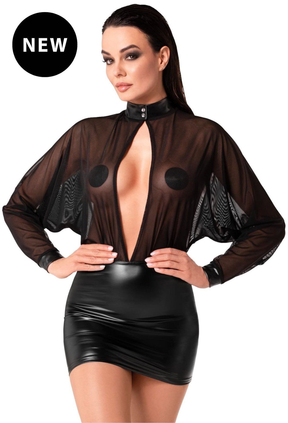 Black Opium mini dress with sheer tulle bodice and wetlook skirt, front view.