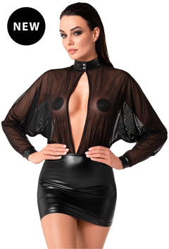 Black Opium mini dress with sheer tulle bodice and wetlook skirt, front view.
