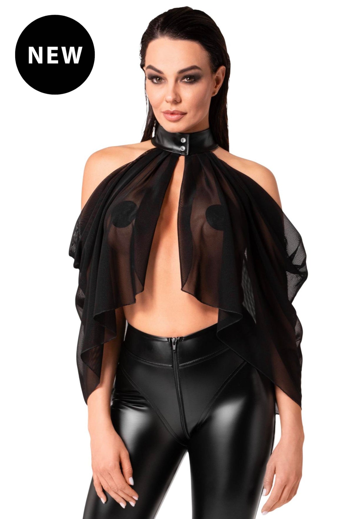 Black Opium tulle bolero with collar and draped sleeves, front view.