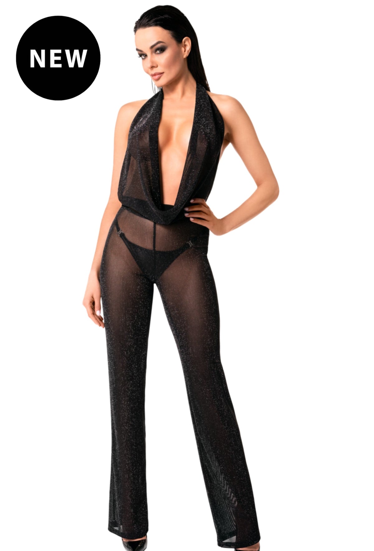 Black Luminara shiny tulle jumpsuit with halter neckline and wide legs, front view.