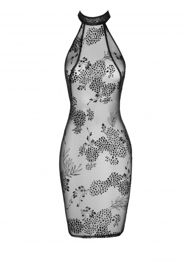 Black floral tulle midi dress, flat front view.