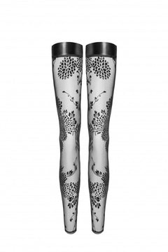 Black floral flock tulle stockings with wetlook bands, flat product view.