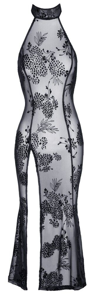 Black long tulle dress with floral flock pattern and rear slit, flat rear view.