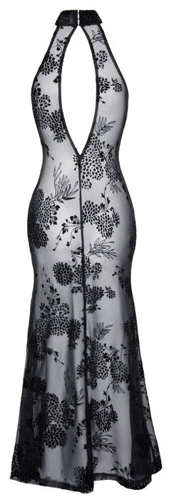 Black long tulle dress with floral flock pattern and halter neckline, flat front view.