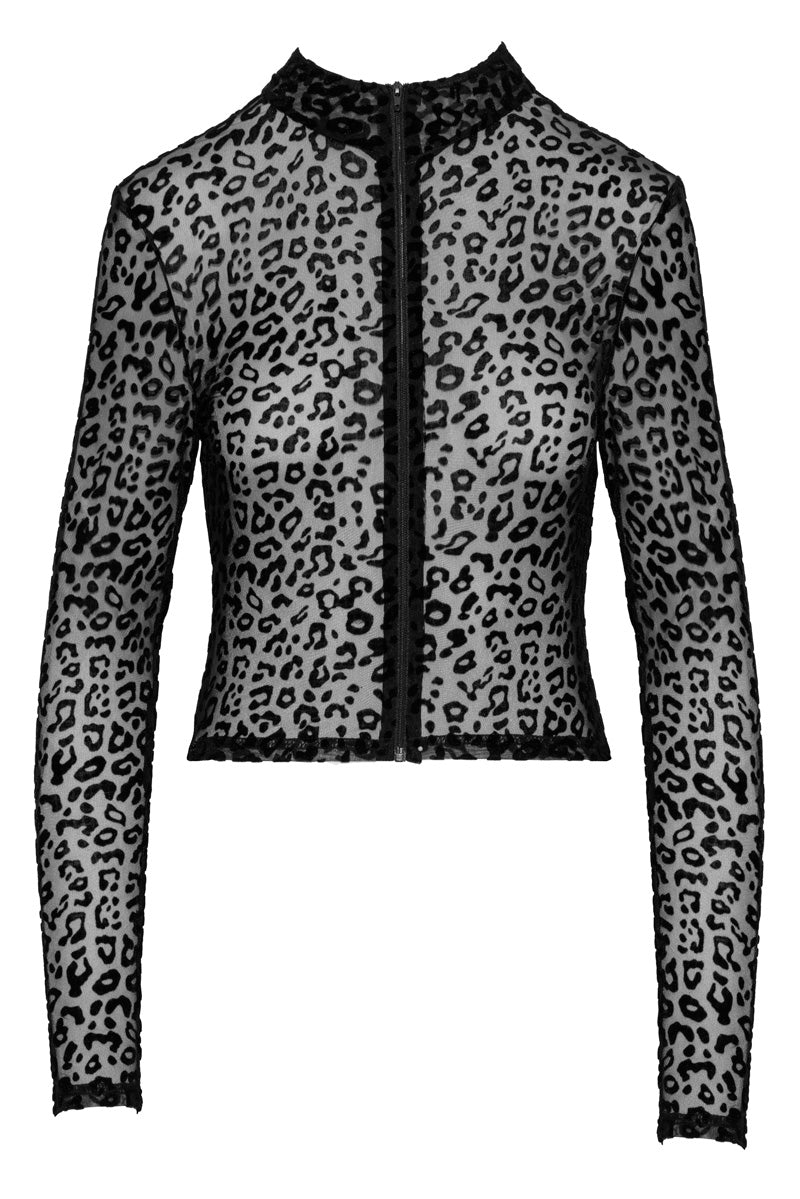 Black leopard mesh top with high collar and front zipper, flat front view.