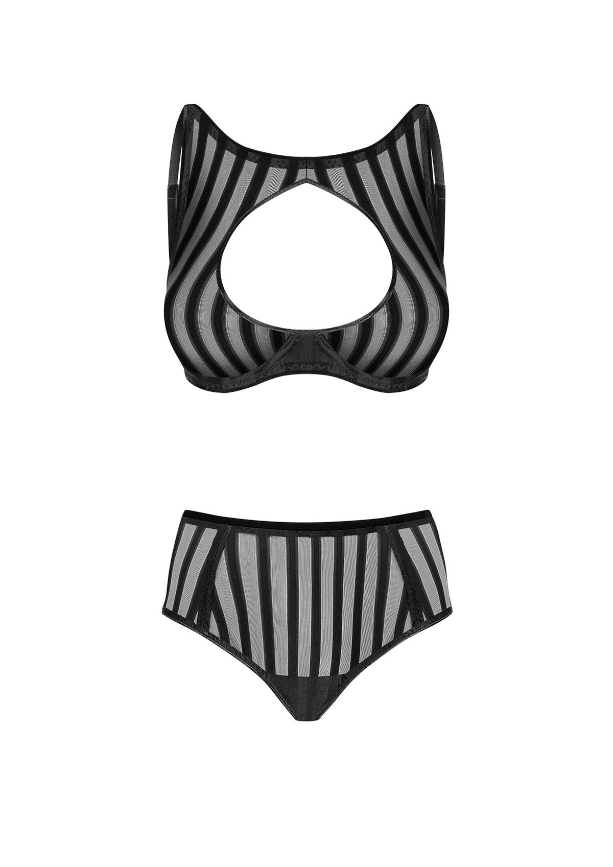 Black striped high-neck bra and full briefs, flat front view.