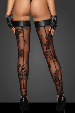 Black floral flock tulle stockings with wetlook top bands, rear view.