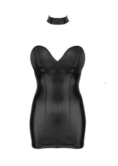 Black wetlook dress with eco-leather cups and separate choker, flat front view.