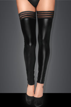 Black wetlook stockings with striped elastic tops and open feet, front view.