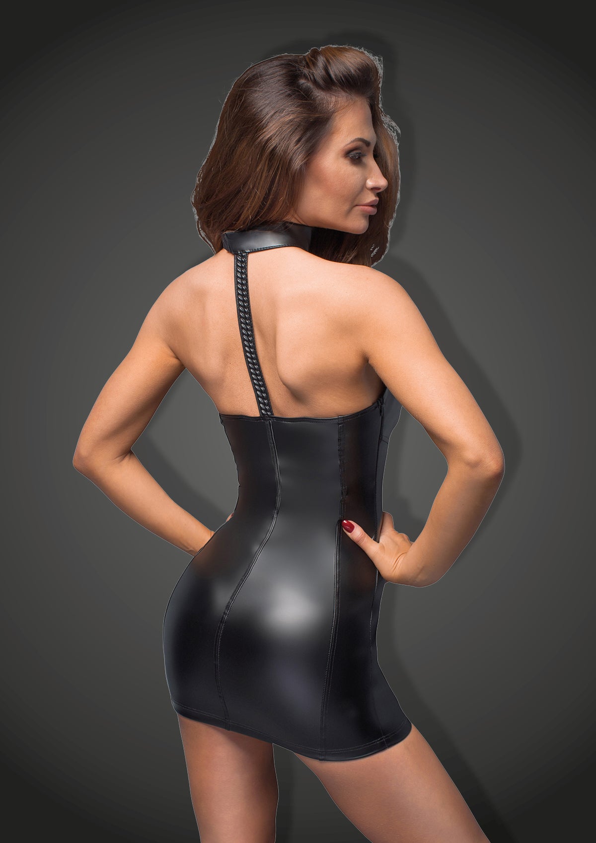 Black wetlook dress with collar strap and eco-leather panels, rear view.