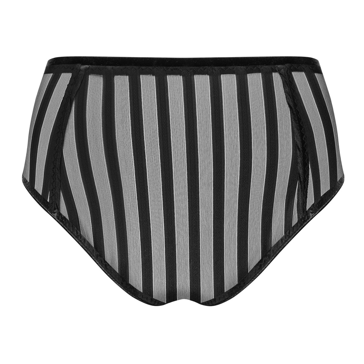 Black striped full briefs, flat rear view.