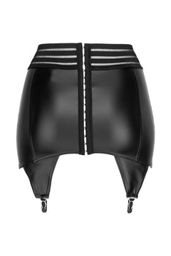 Black wetlook garter belt with rear fastening, flat rear view.