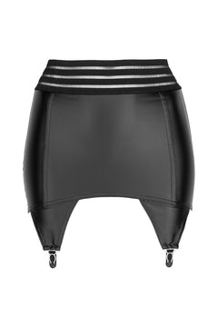 Black wetlook garter belt with elastic waistband and suspenders, flat front view.