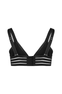 Black wetlook bralette with rear fastening, flat rear view.