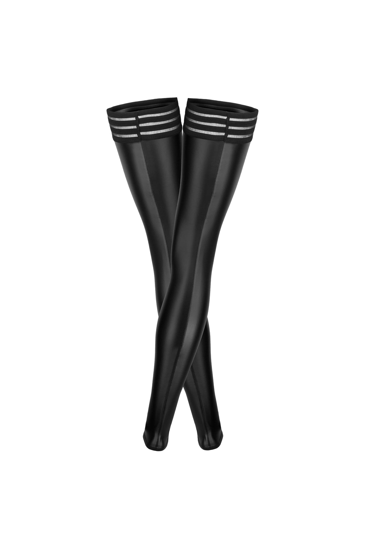 Pair of black wetlook stockings with elastic tops, flat product view.