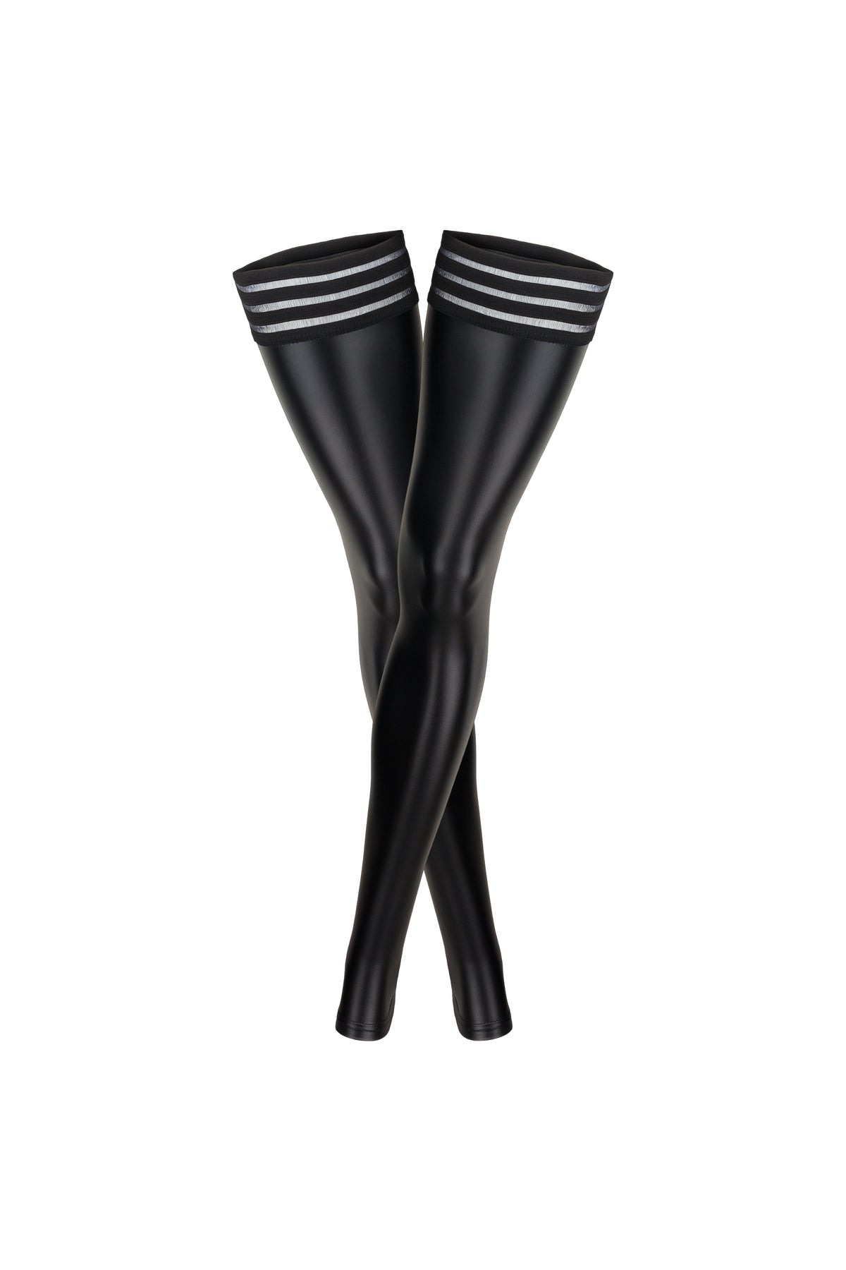 Black wetlook stockings with striped elastic tops, flat product view.