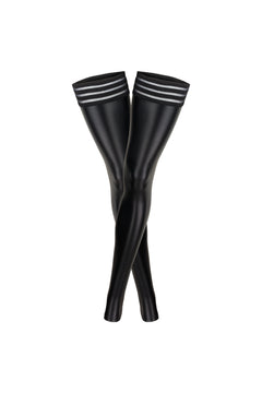 Black wetlook stockings with striped elastic tops, flat product view.