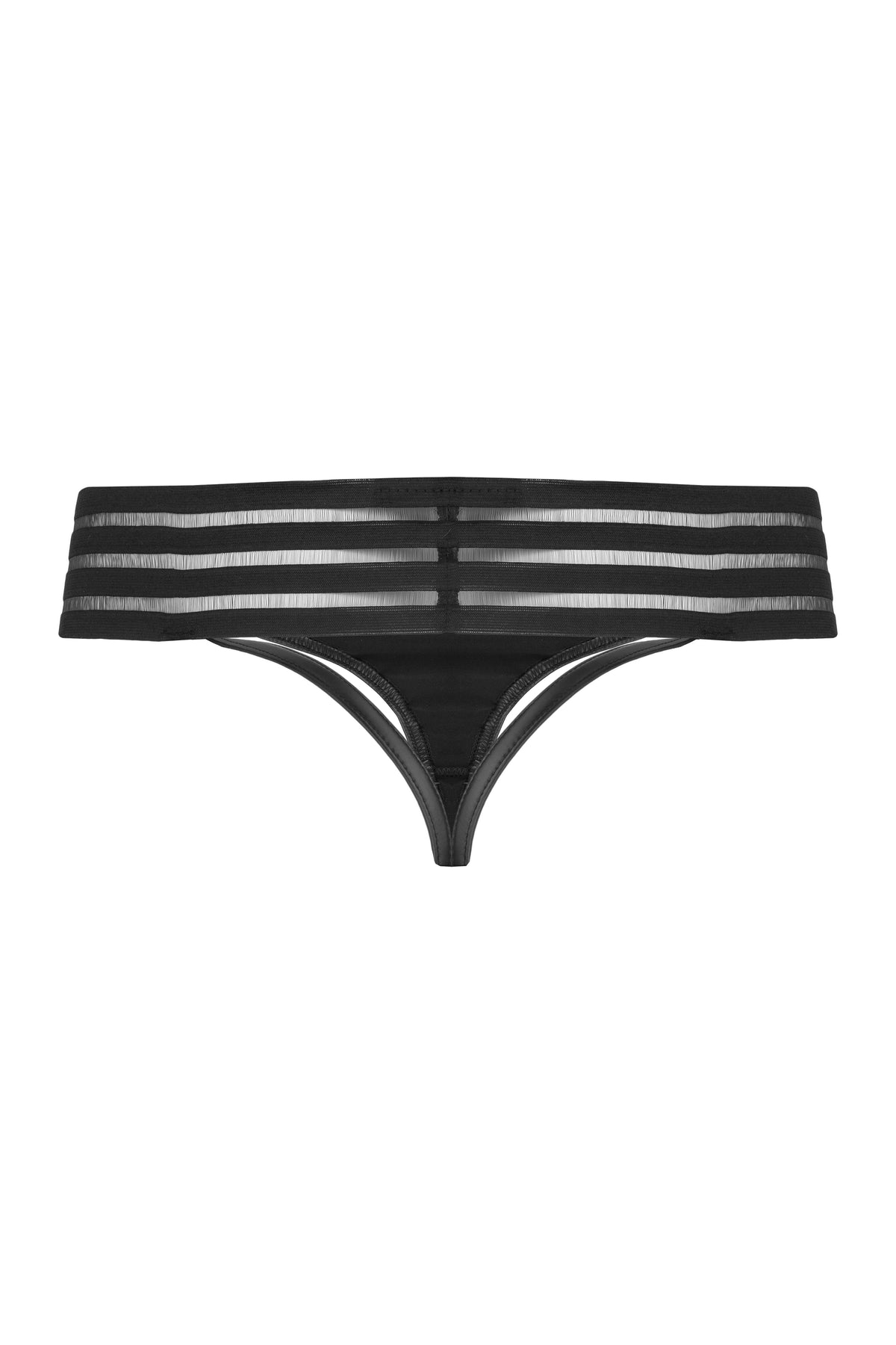 Black wetlook thong-back panties with striped elastic waistband, flat rear view.