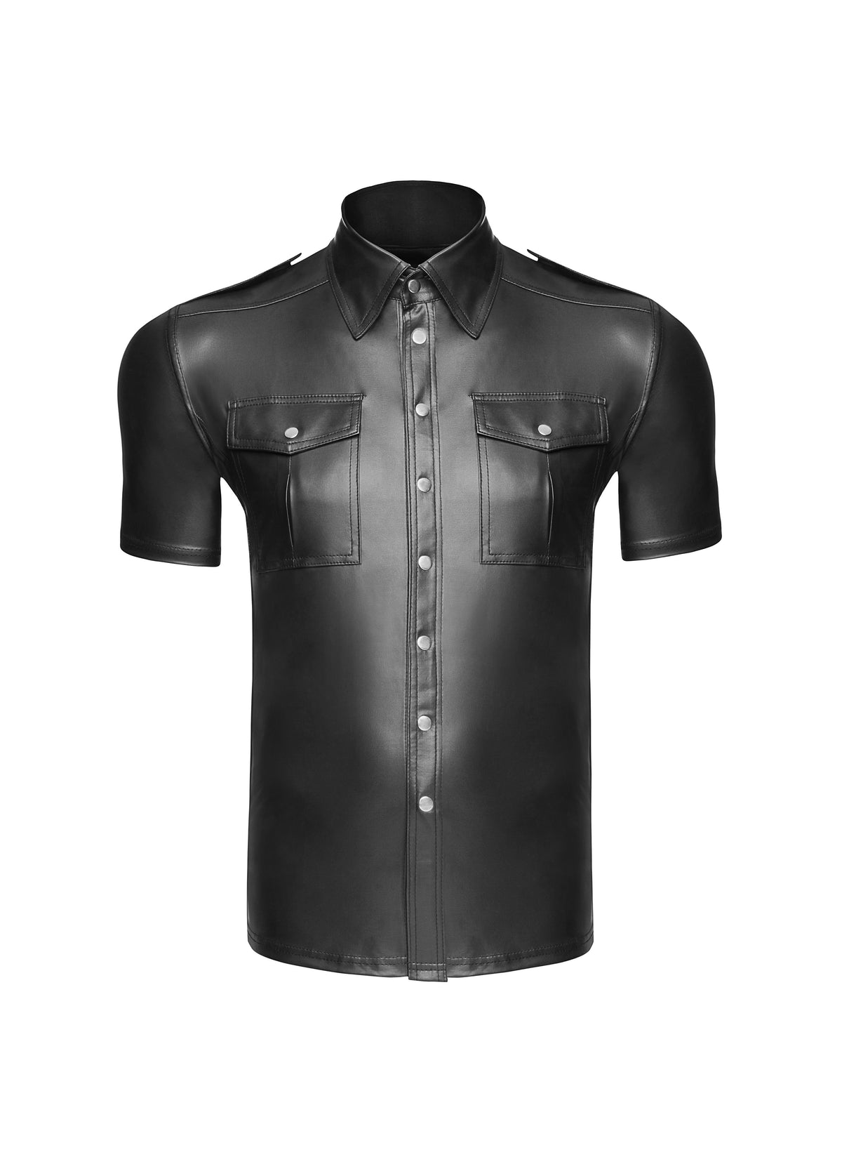 Men’s black collared shirt with chest pockets, flat front view.