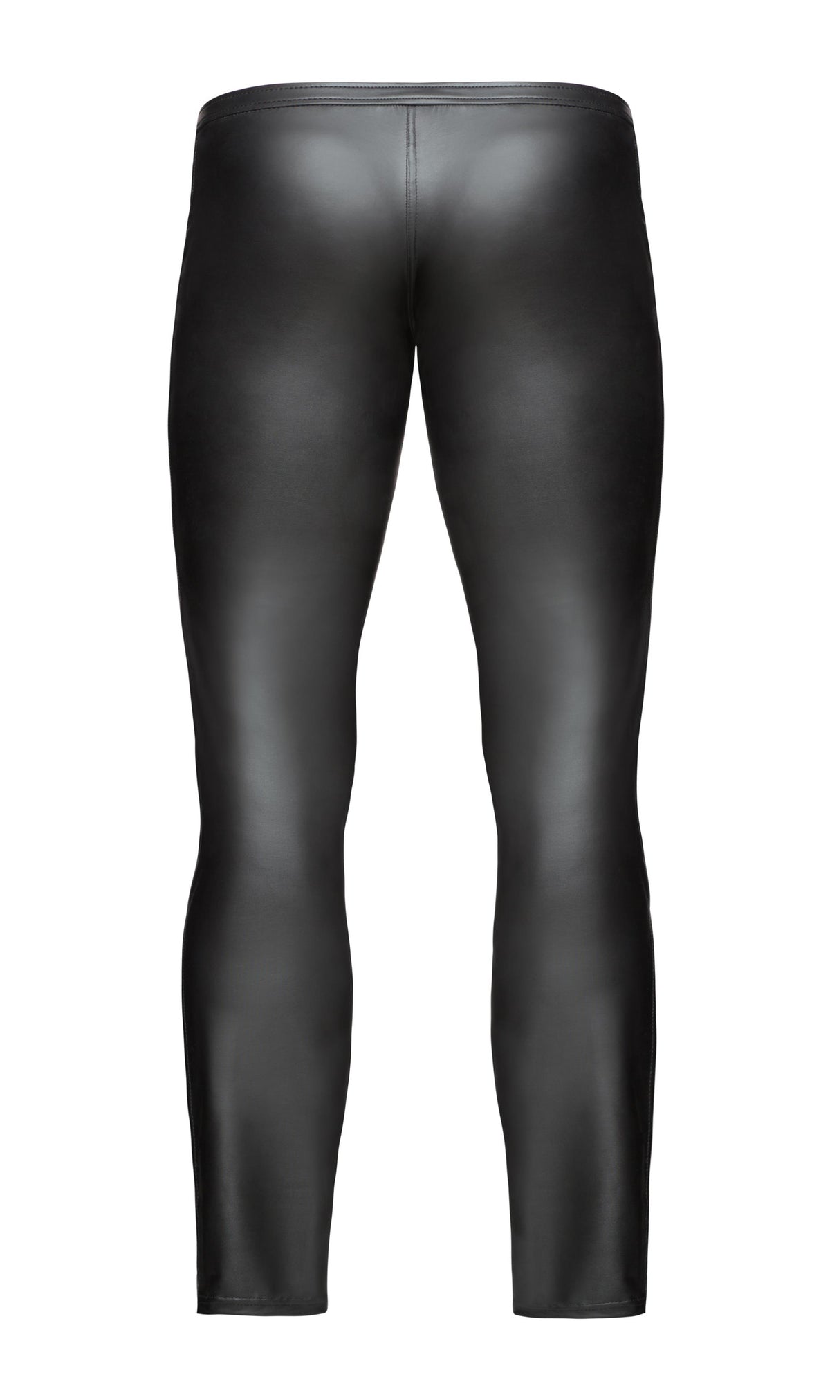 Men’s black fitted long pants, flat rear view.