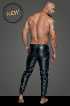 Men’s black wetlook treggings with back pockets, rear view.