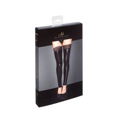 Packaging for black wetlook stockings with striped elastic tops.